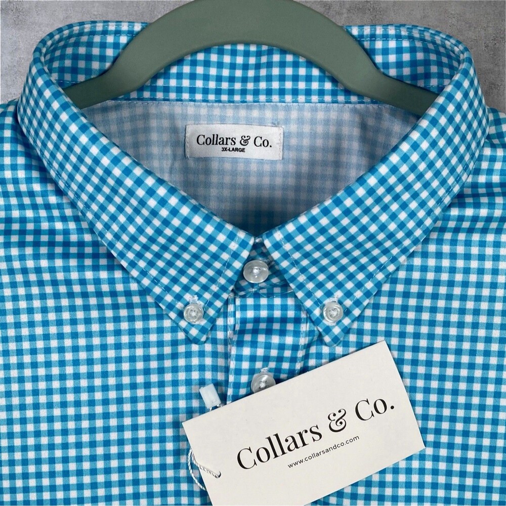 Collars & Co Polo Shirt Men 3XL Blue Gingham Button Down Dress Collar Oxford NWT